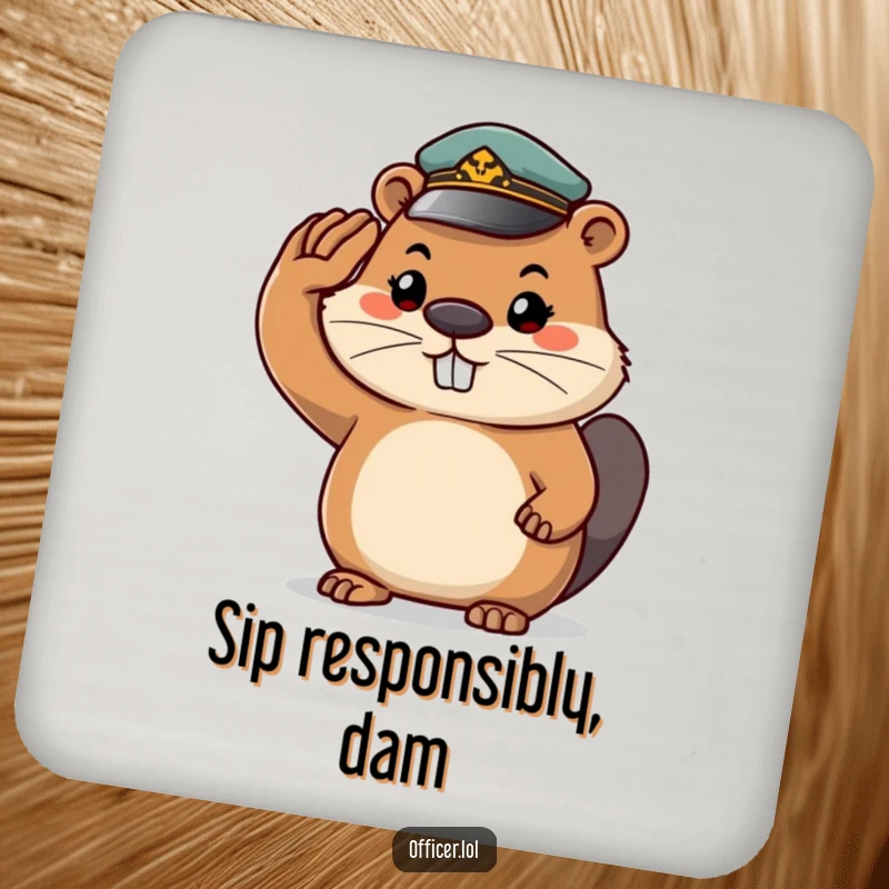 Funny beaver coaster, a determined beaver wearing a tiny cap and saluting, protecting surfaces with a humorous attitude.