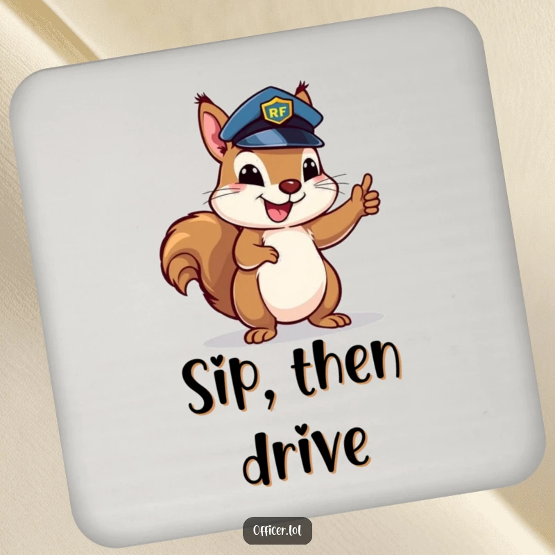 Happy squirrel in a police hat enthusiastically directing traffic on drink coasters, protecting furniture with organized flair.