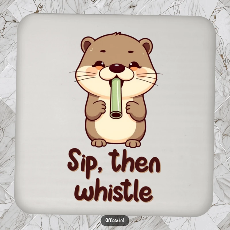 Cheerful otter blowing a whistle with a wide grin on drink coasters, protecting furniture with cheerful flair.