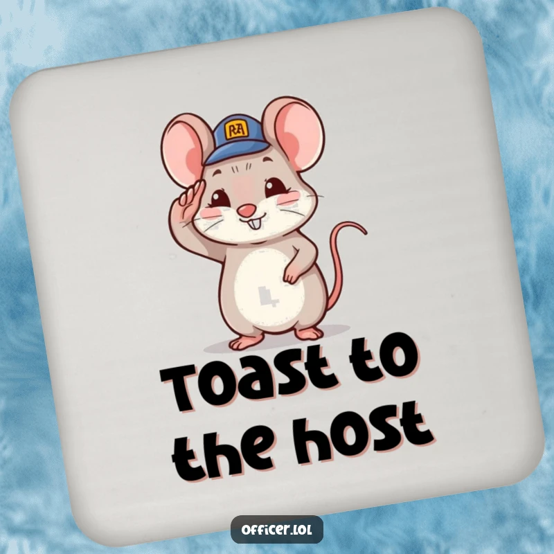 Funny tiny mouse character saluting with a tiny hat and proud smile, cute drink accessory.