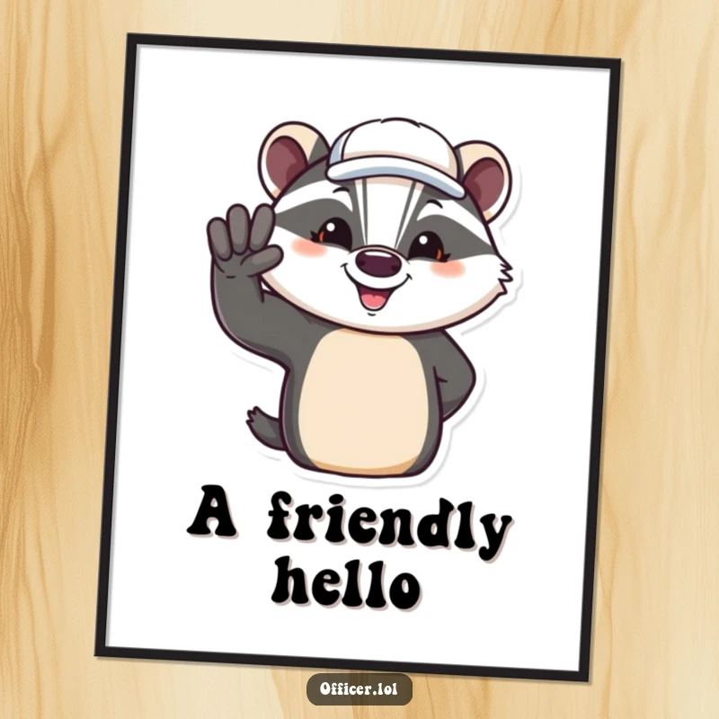 Funny poster art of a jovial badger in a cap, offering a friendly salute with a cheerful expression.