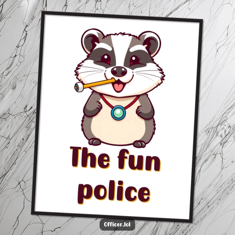 Funny poster featuring a cheerful badger in a tiny badge, enthusiastically blowing a whistle with a happy puff of air.