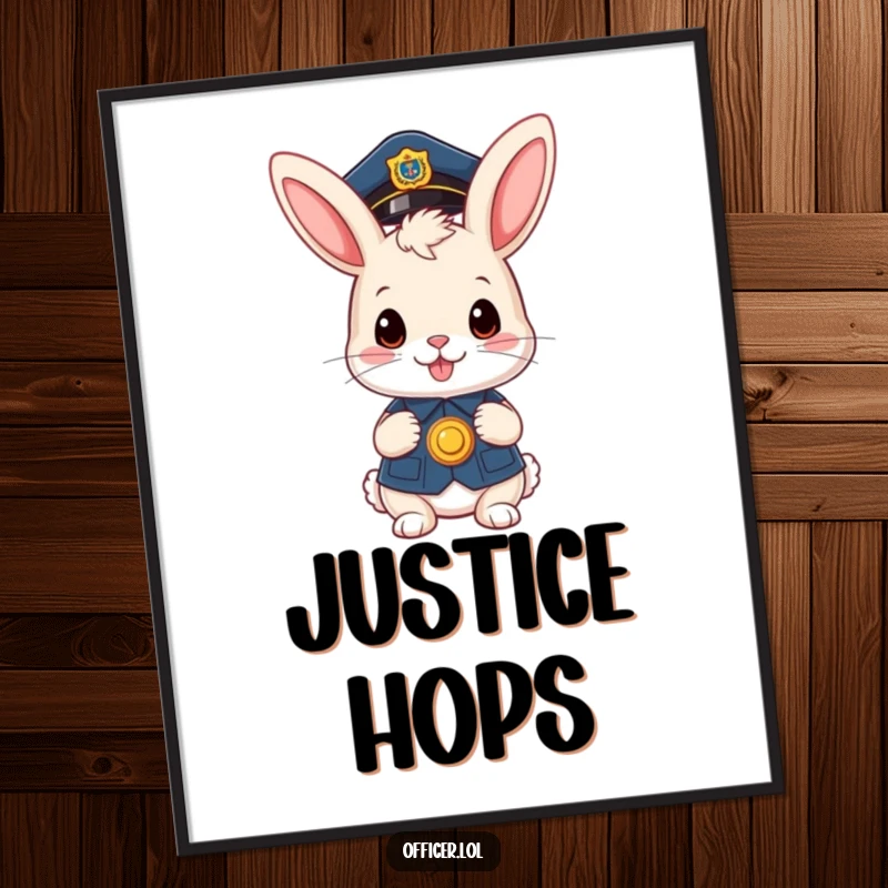 Funny poster: A proud bunny officer in a tiny cap with a badge, a funny gift.
