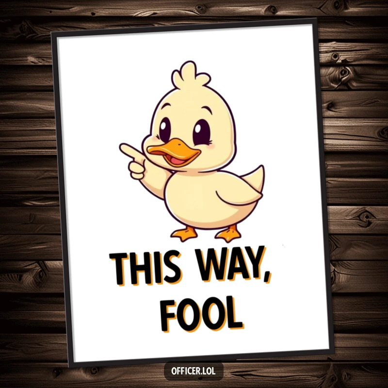Funny duck poster, a happy duck pointing forward decisively with a friendly wink, bringing cheerful guidance and humor to walls.