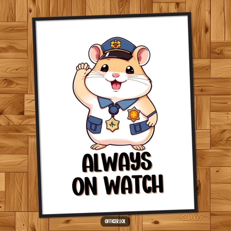Funny hamster officer poster, happy hamster in uniform saluting, charming wall art with a badge.