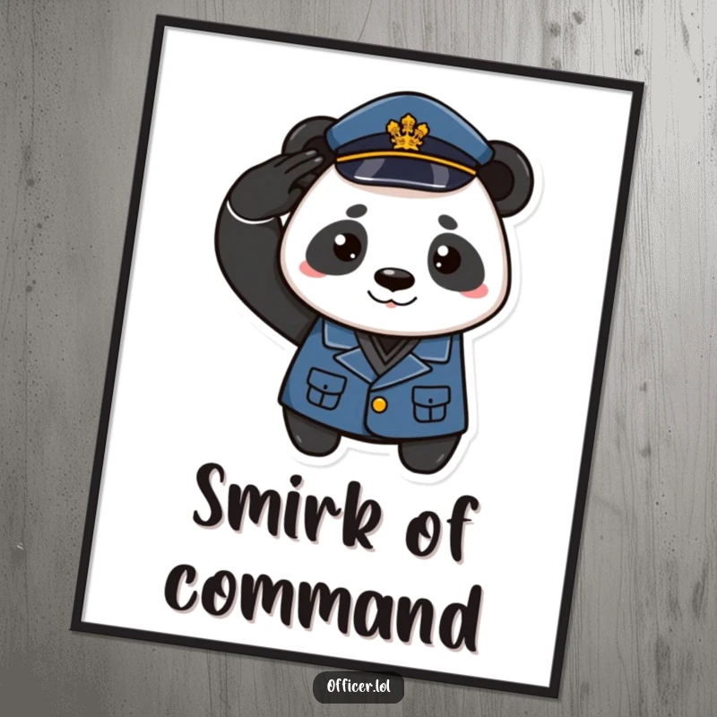 Funny poster featuring a playful panda in uniform saluting with a proud smirk, ideal humorous wall art.