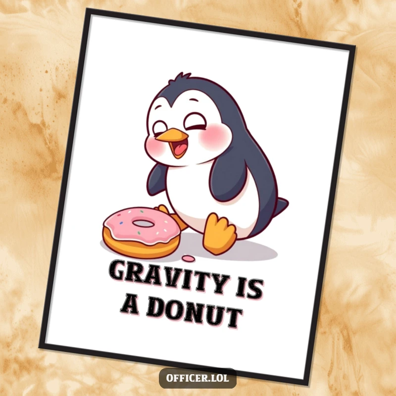 Funny Penguin Poster: A cartoonish penguin character hilariously trips over a fallen donut, exhibiting a surprised facial expression and comedic action.
