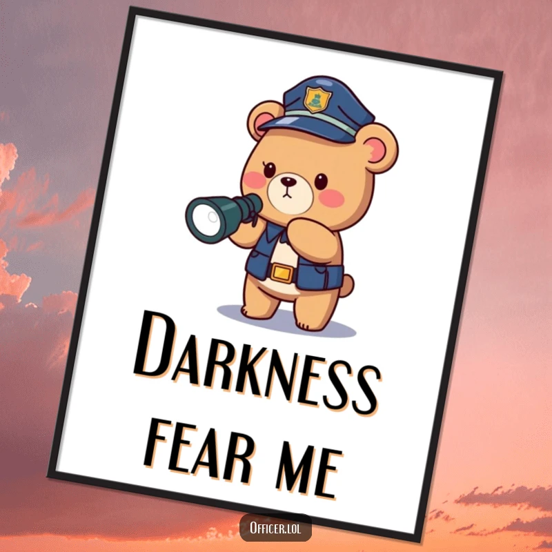 Funny police bear poster art, a brave officer illuminating the darkness, adding humor and bravery to decor.