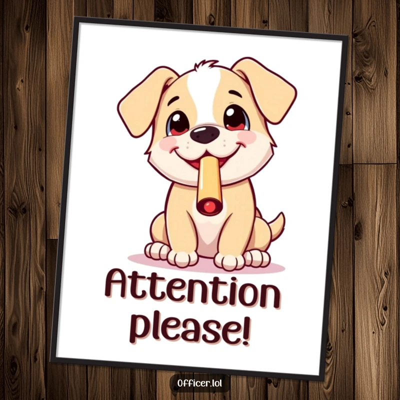 Funny poster of a happy puppy blowing a whistle with a wide, excited grin, capturing a moment of pure canine joy and energy.