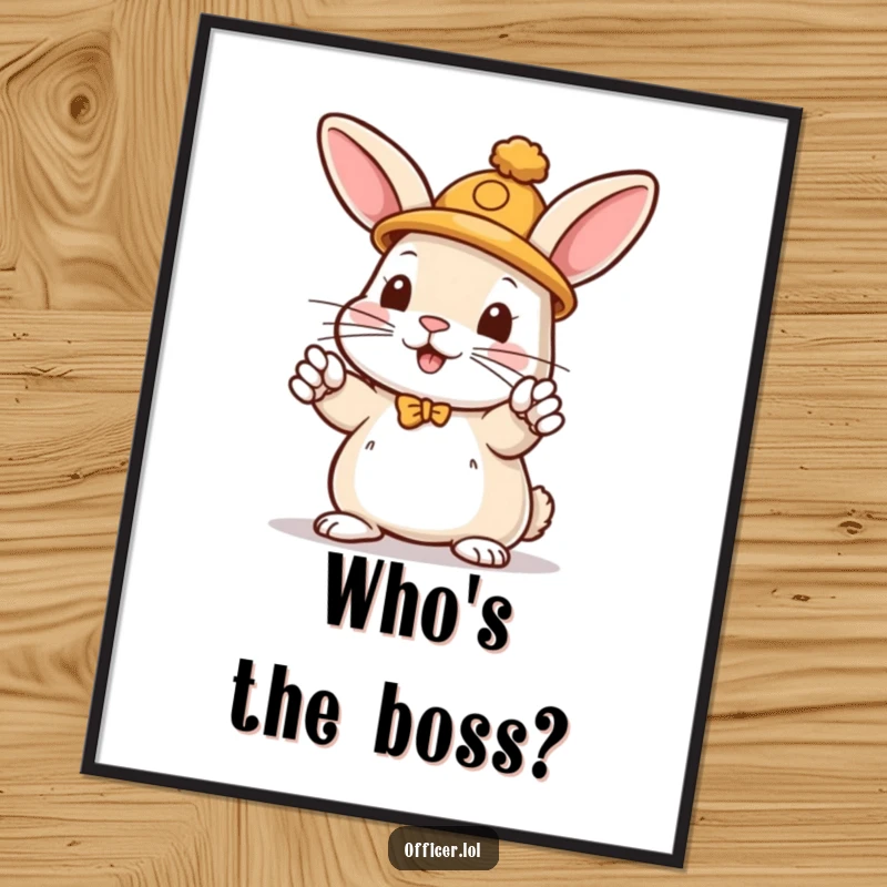 Funny poster depicting a playful rabbit in a small hat, enthusiastically directing traffic with energetic paws.