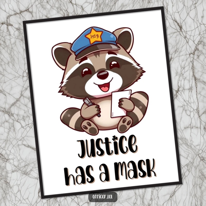 Funny Poster: A beaming raccoon in a patrol cap enthusiastically writes a ticket with a broad smile.