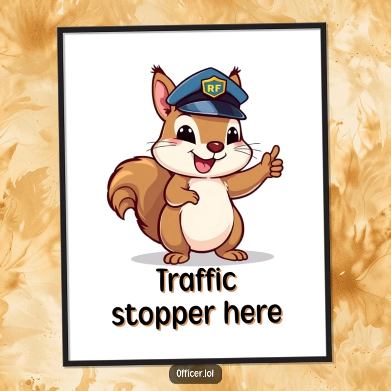 Happy squirrel wearing a police hat, enthusiastically directing traffic, whimsical poster art for fans of order.