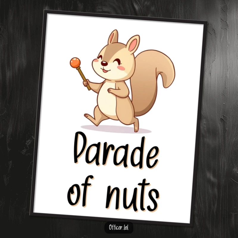 Funny poster art of a cheerful squirrel marching with a tiny pretend baton. Energetic and humorous wall decor.