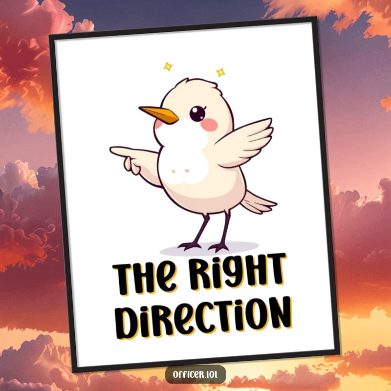Funny poster art of a twinkling starling making a clear, directive pointing gesture, adding guidance.