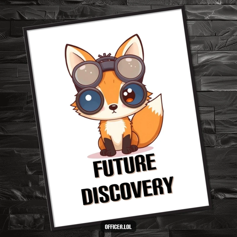 Curious fox peering through large binoculars, creating intriguing wall art for those with a keen eye for detail.