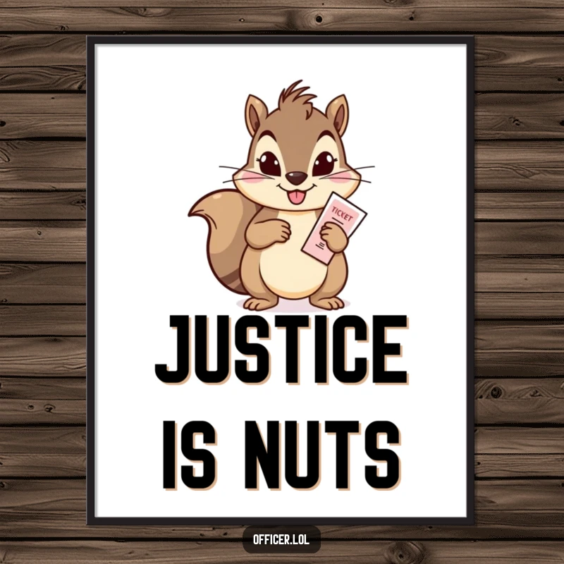 Funny poster of a smiling squirrel issuing a ticket, a humorous piece of art that adds a playful, mischievous vibe to any room.