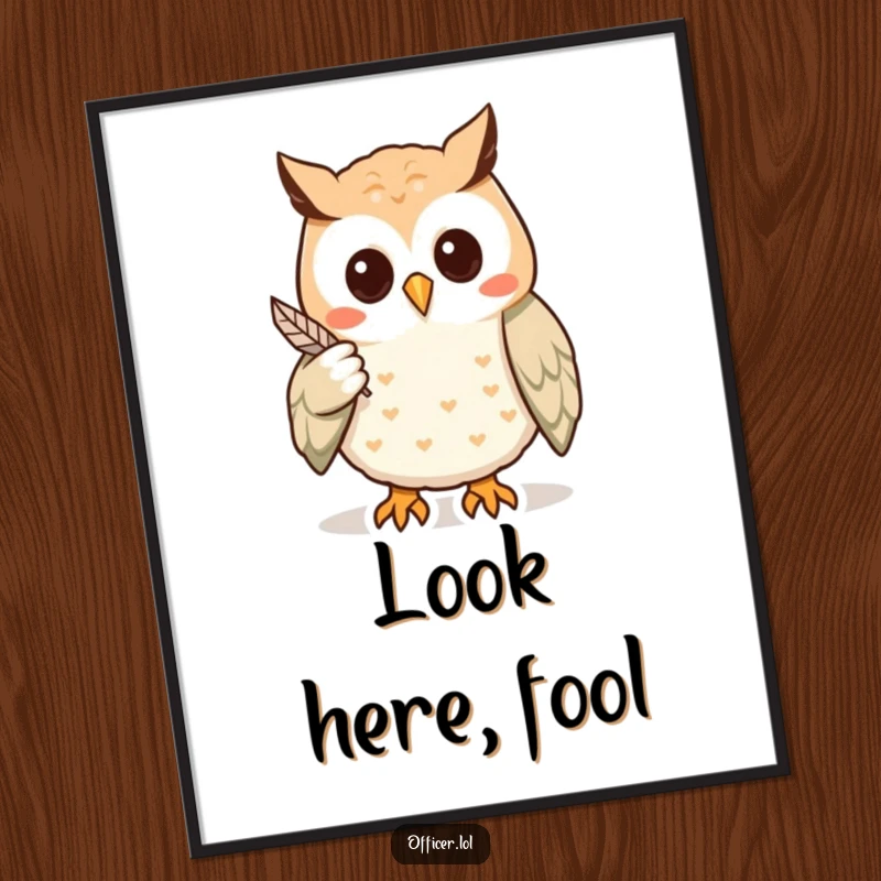 Funny poster of a wise owl pointing with a feather to a clue, a humorous piece of art for anyone who loves mysteries and puzzles.