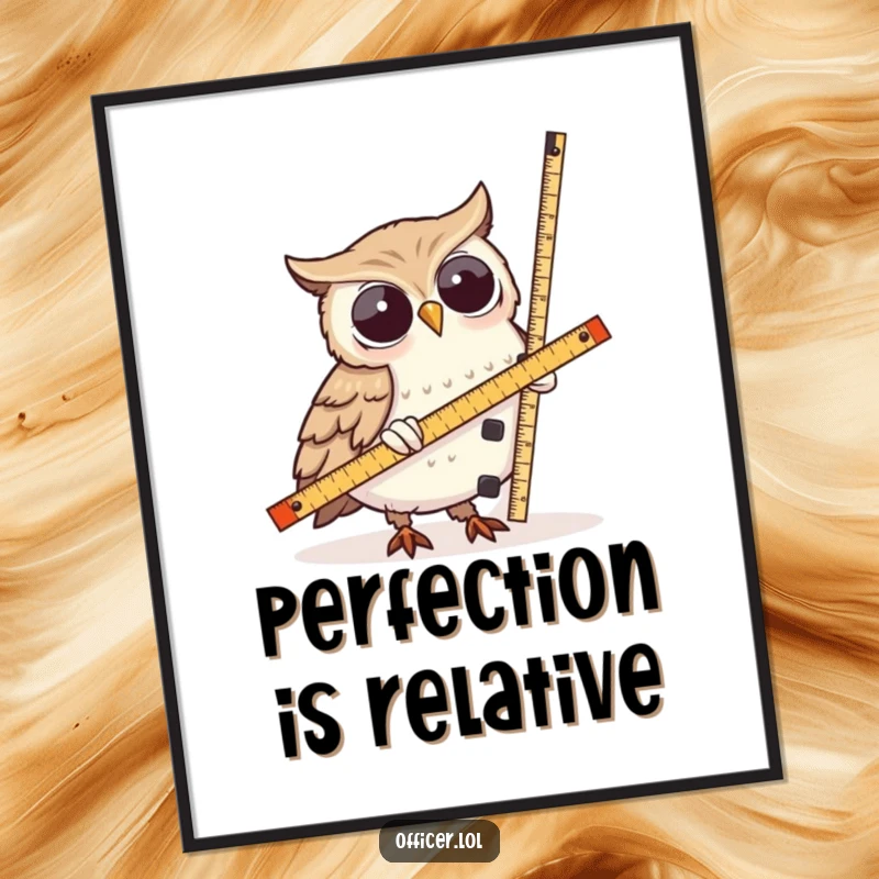 Funny Owl Poster: A wise owl character intently measures a comically lopsided tower with a ruler, embodying humorous intellectual pursuit.
