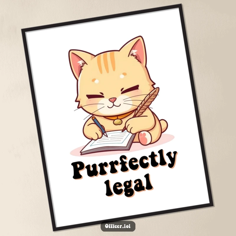 Funny poster depicting a diligent cat writing a ticket with a quill, with a focused and friendly expression, symbolizing polite enforcement.
