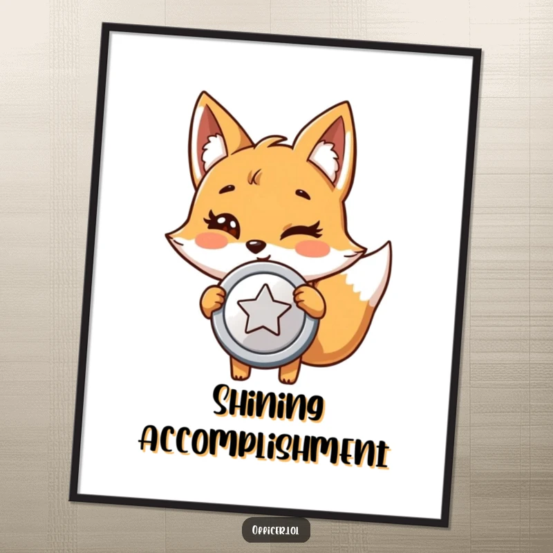 Funny poster of a giggling cartoon fox holding a large, shiny badge with pride and a knowing wink.