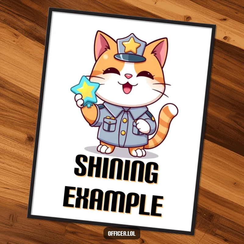 Funny poster of a happy cat in uniform holding a shiny, glowing badge, symbolizing pride and honor.
