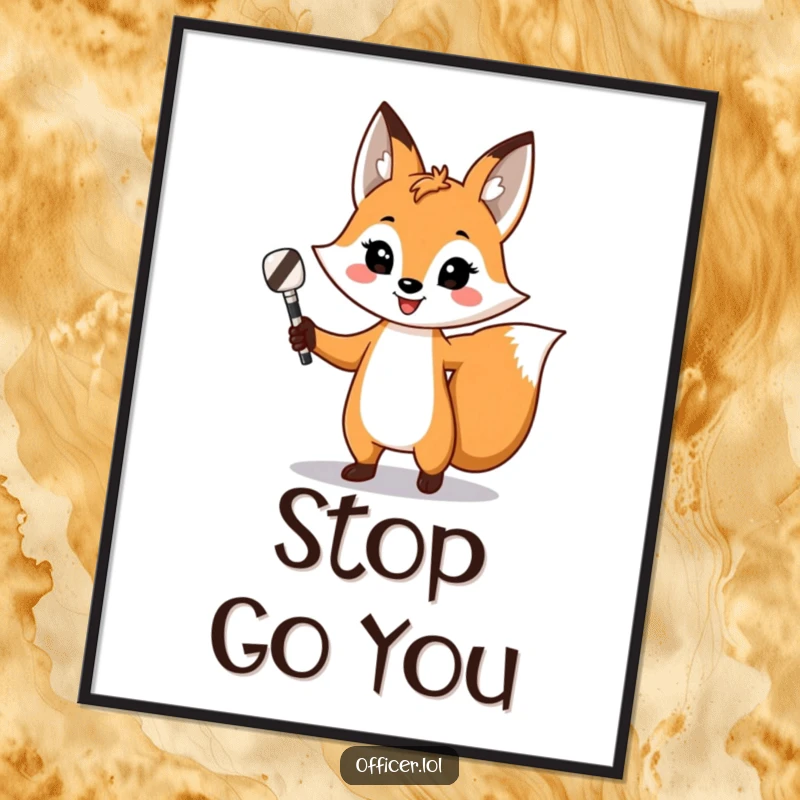 Funny fox poster, confident animal directing traffic with a striped baton, playful and humorous wall art.