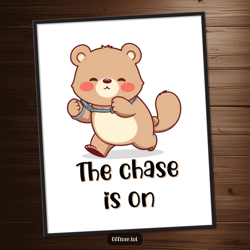 Funny poster depicting a bear wearing handcuffs, hilariously chasing its own tail in a loop of playful energy and comical self-engagement.