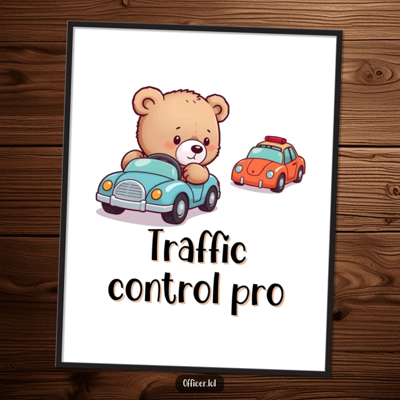 Funny Bear Cub Traffic Poster: Art depicting a gentle bear cub meticulously directing a procession of small toy cars with adorable concentration.