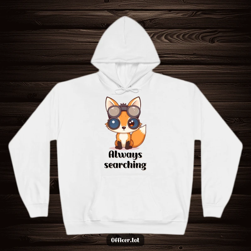 Cozy hoodie featuring a curious fox peering through large binoculars, symbolizing keen interest and comfortable exploration.
