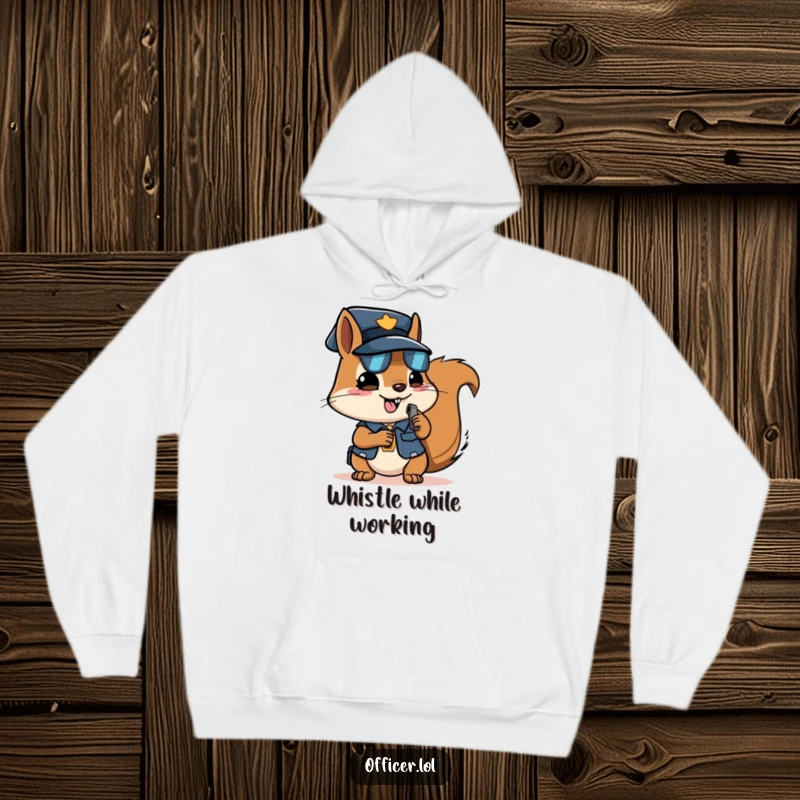 Funny squirrel officer hoodie, cozy design with a determined squirrel blowing a whistle, great for active wear.