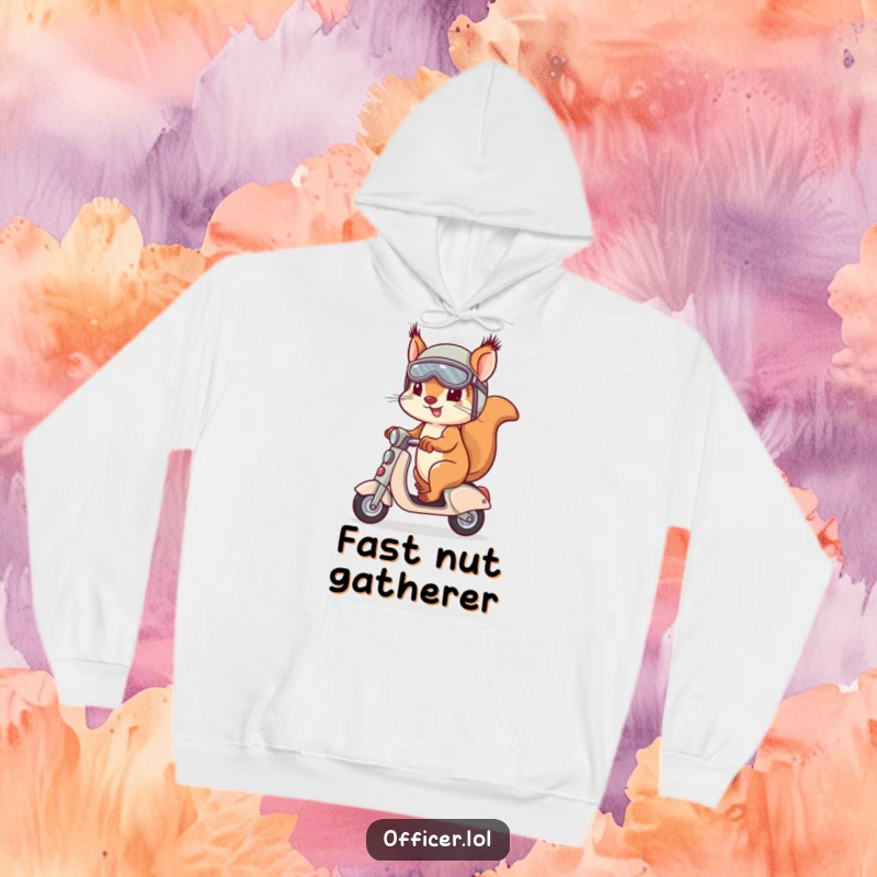 Cozy hoodie featuring a determined squirrel wearing a helmet and goggles, riding a tiny scooter with adventurous flair.