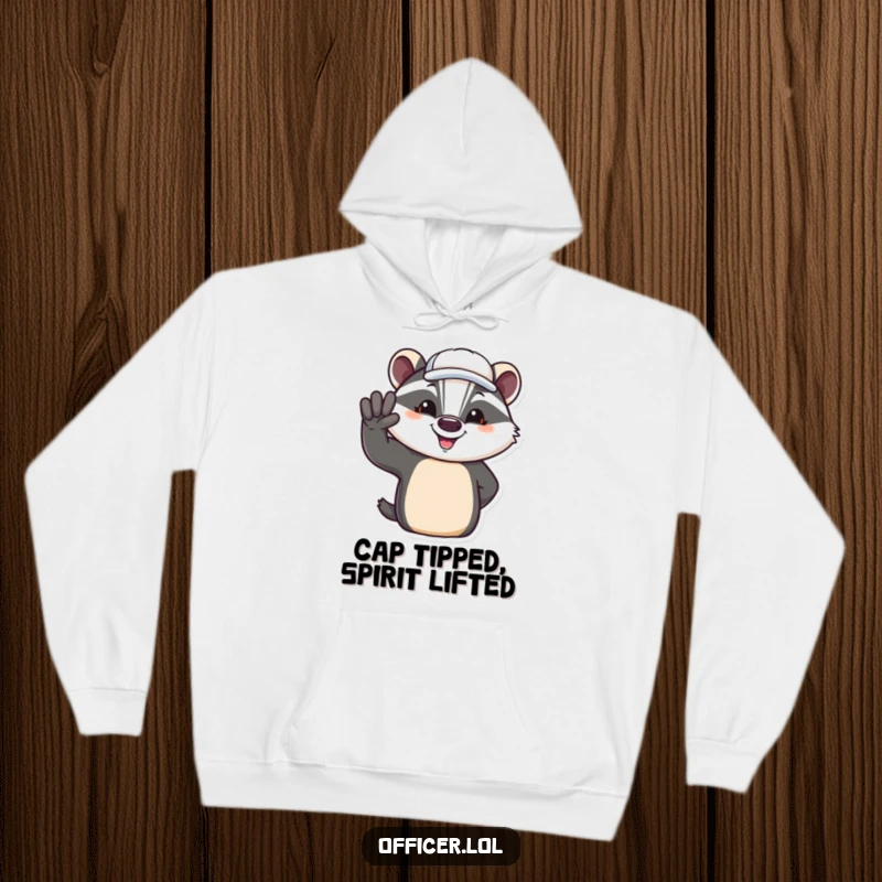 Funny hoodie with a jovial badger giving a salute in a tilted cap, radiating friendly vibes.