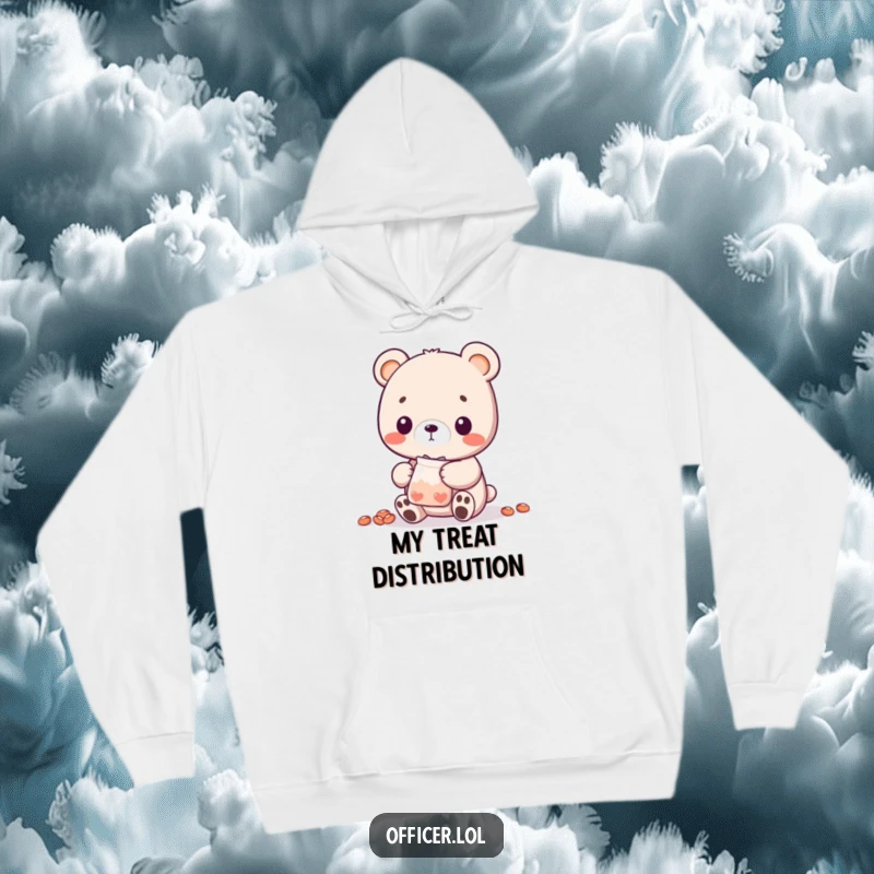 Funny Bear Cub Hoodie: A sweet bear cub character is depicted offering a small bag of treats, radiating warmth and a friendly vibe.