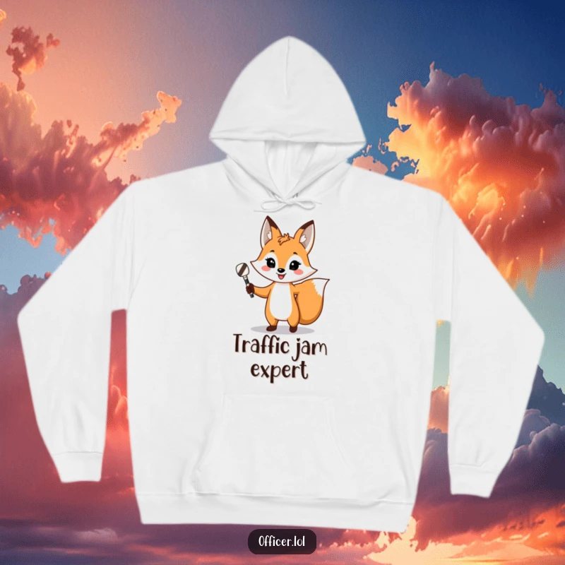 Funny fox hoodie, warm sweatshirt featuring a playful fox directing traffic with a striped baton, confident and smiling.