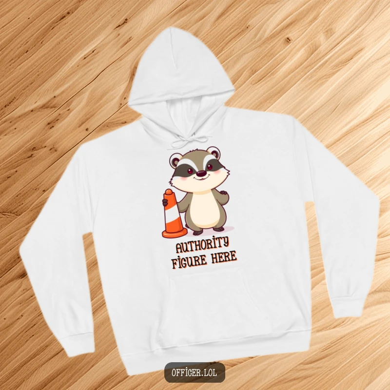 Funny hoodie depicting a determined badger holding a striped traffic cone with pride, perfect for staying warm and showcasing funny personality.
