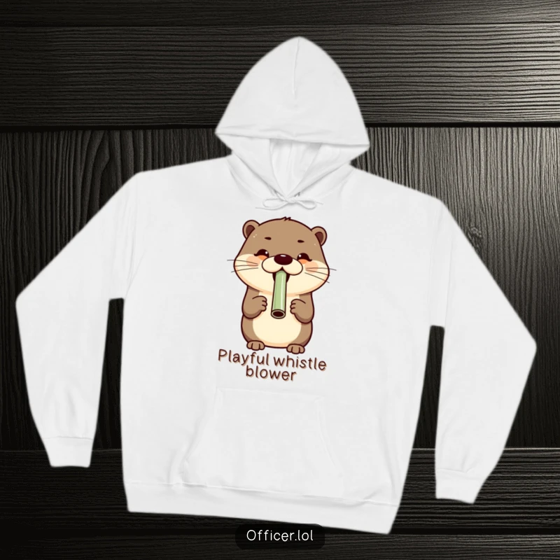 Cheerful otter blowing a whistle with a wide grin, a cozy hoodie for anyone who loves spreading happiness.