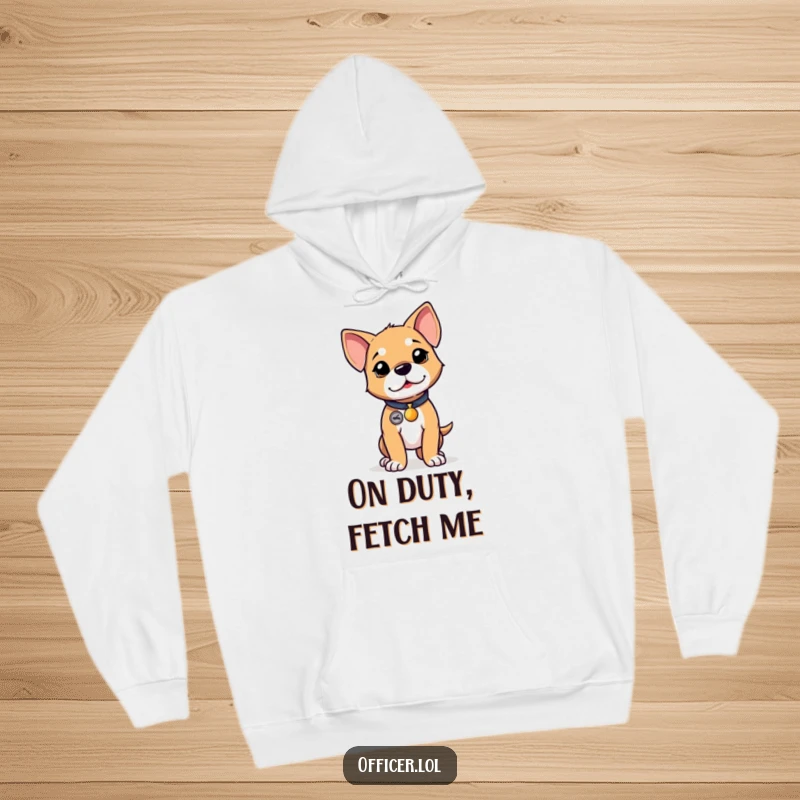 Funny puppy hoodie, warm sweatshirt featuring a determined puppy standing tall with a tiny badge, proud stance.