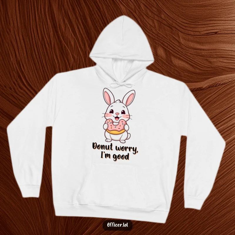 Funny hoodie depicting a happy rabbit clutching a donut, its eyes closed in satisfaction, embodying cozy comfort and sweet indulgence.