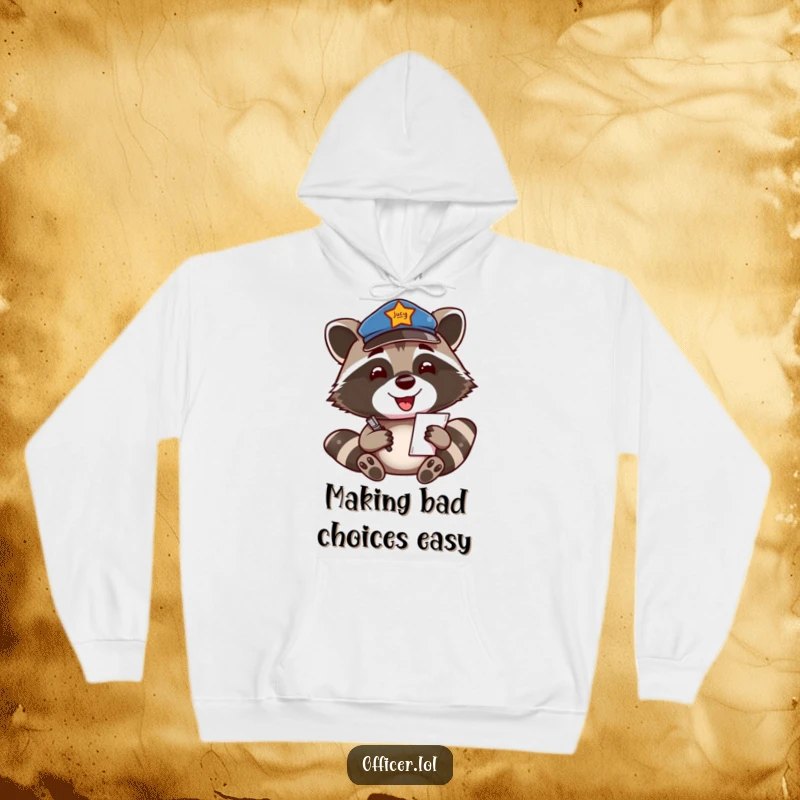 Funny Hoodie: A smiling raccoon in a patrol cap actively writes a ticket, radiating cheerful efficiency.