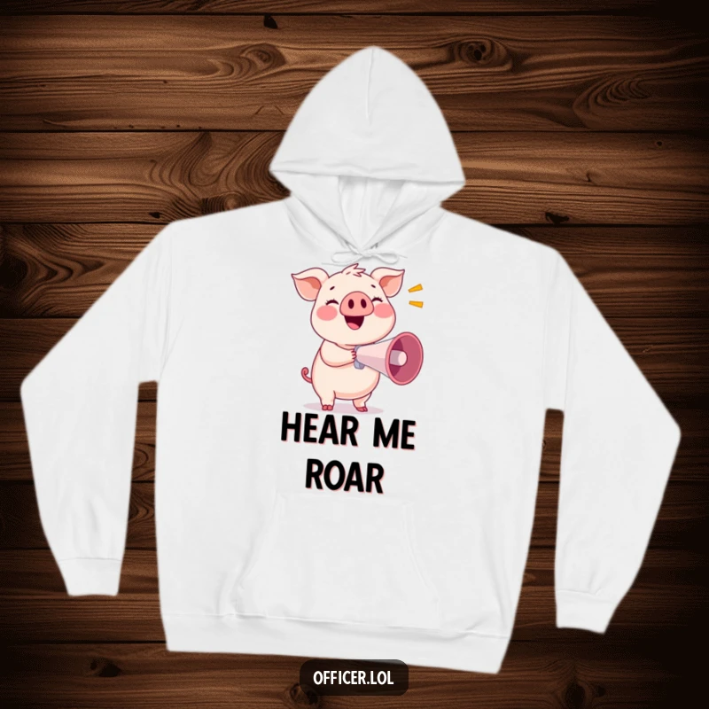 Funny hoodie featuring a smiling pig holding a megaphone, ready to broadcast happy news loudly.