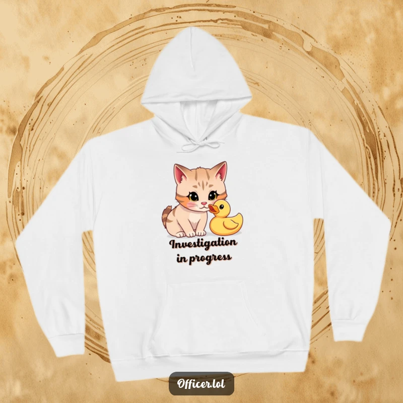 Funny cat investigator hoodie featuring a focused cartoon cat giving a playful, curious stare to a rubber duck.