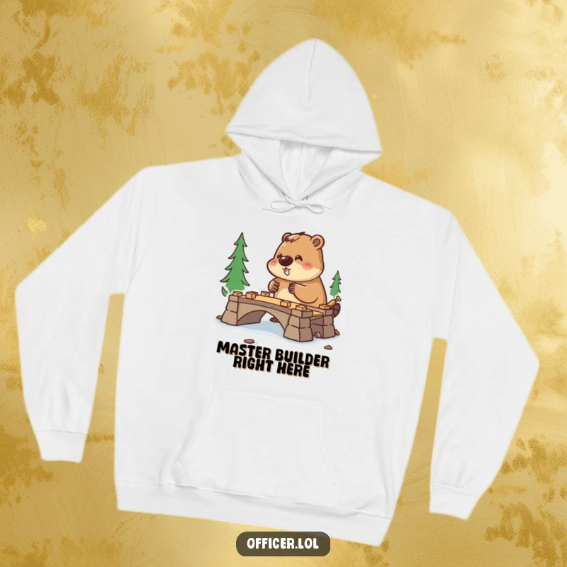 Funny hoodie print of a diligent beaver leading bridge construction, looking focused and cheerful, perfect for builders.
