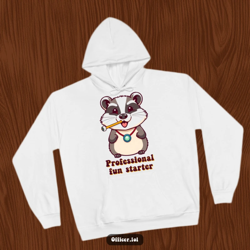 Funny hoodie depicting a cheerful badger in a tiny badge, blowing a whistle with a joyful puff of air.