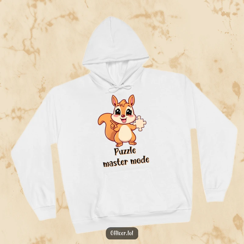 Funny energetic squirrel character pointing towards a solved puzzle, cozy and triumphant.