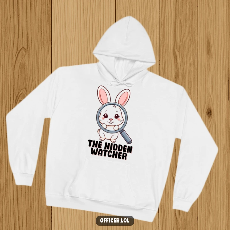 Funny hoodie featuring a shy rabbit peeking from behind a large magnifying glass, offering warmth and a touch of funny curiosity.