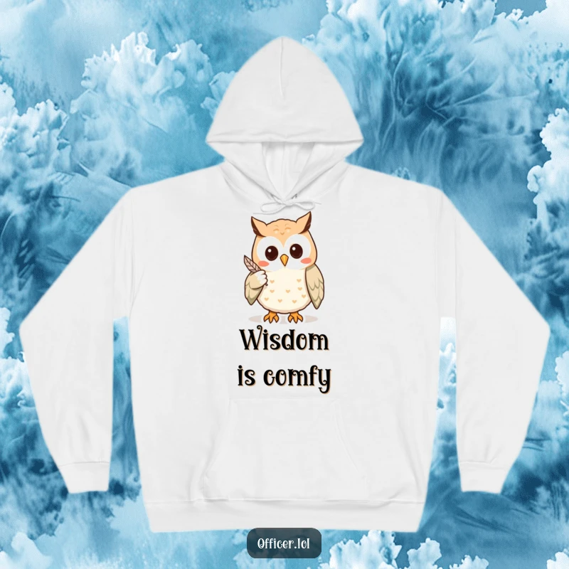 Funny hoodie featuring a wise owl pointing with a feather to a clue, symbolizing intelligence, deduction, and a love for mysteries.