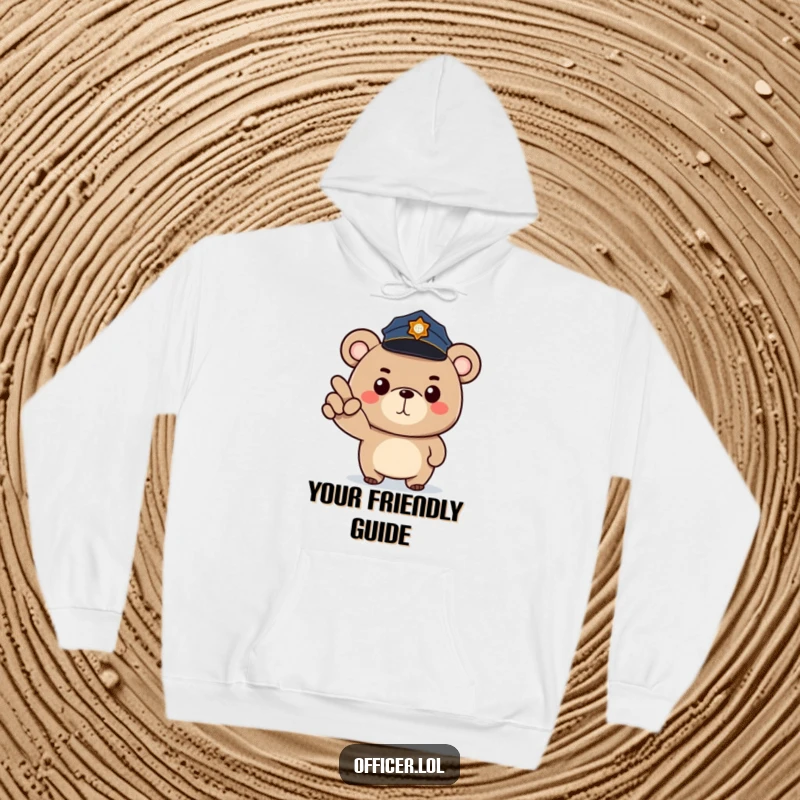 Funny bear cop hoodie showing a determined cartoon bear police officer pointing forward with a stern but happy face.