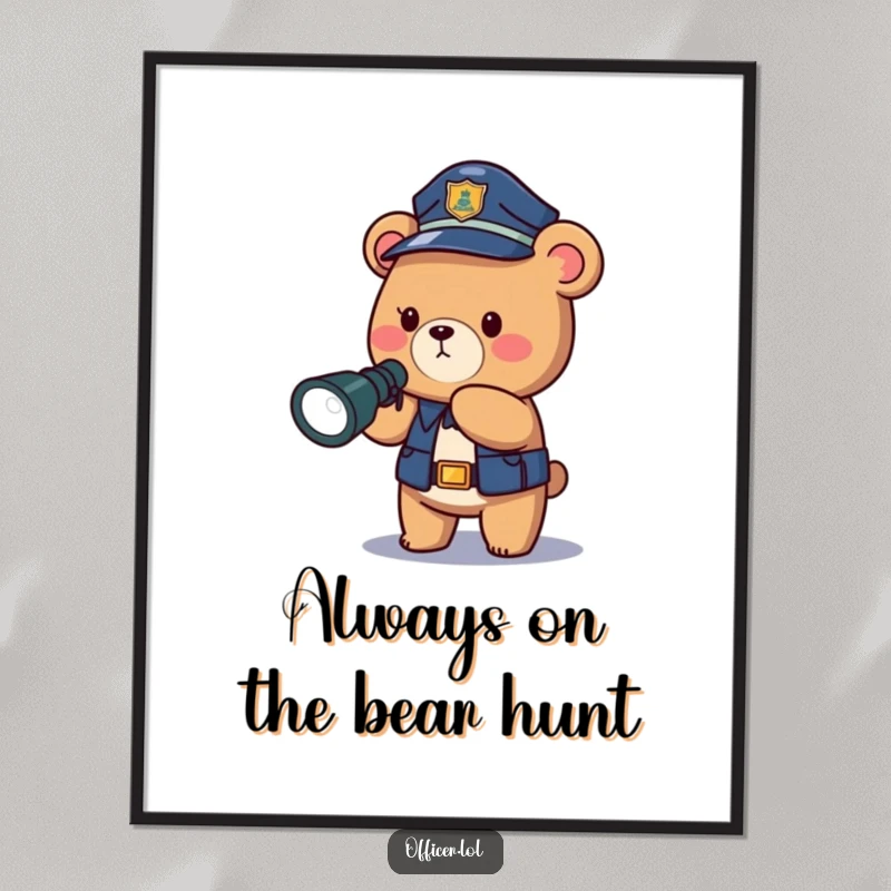 Funny Free Printable Wall Art: A humorous bear police officer bravely shines a powerful flashlight into the dark night.