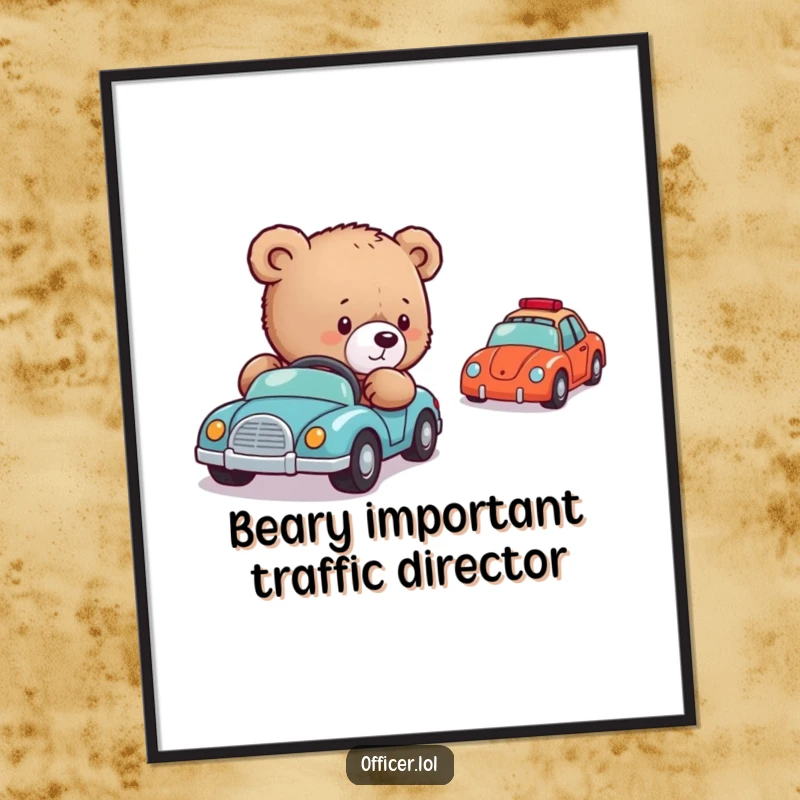 Funny free printable wall art of a gentle bear cub carefully directing a line of miniature toy cars with a focused, sweet expression.