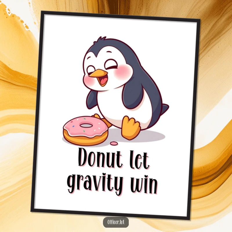 Funny Free Printable Wall Art: A playful penguin yelps in surprise while tripping over a fallen donut, creating humorous and charming decor.